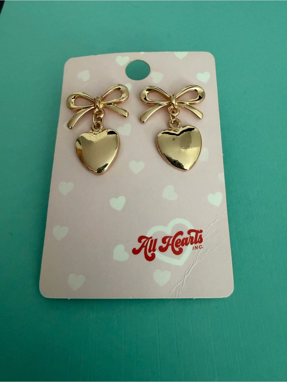 Gold Bow & Heart Drop Earrings